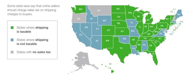 list of states where shipping is considered taxable and non-taxable.