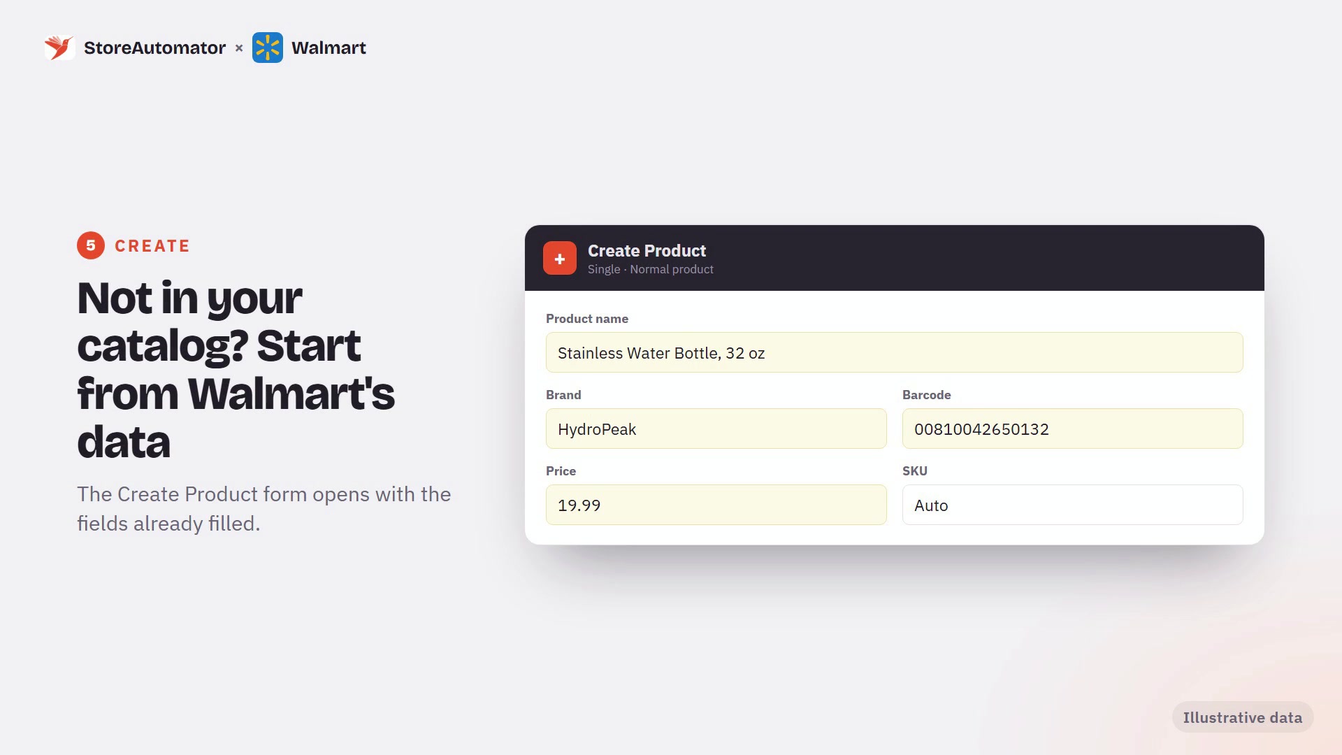 Create Product form filled from Walmart's data