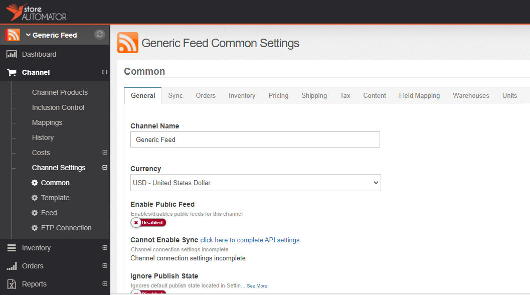 StoreAutomator Generic Feed Common Settings