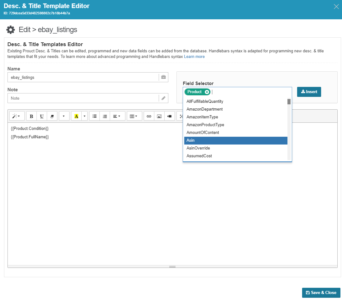 Description & Title Template Editor
